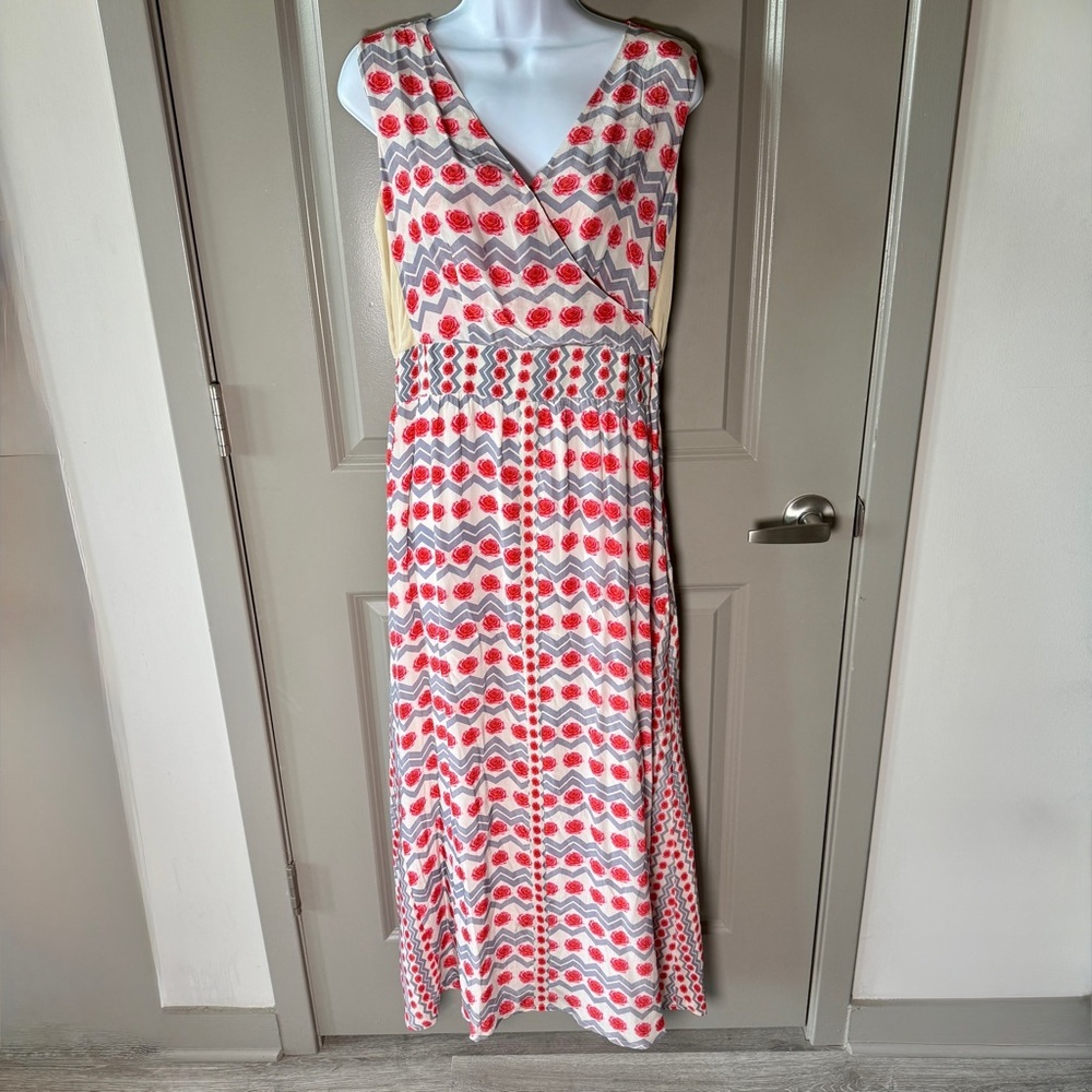 Benares Viscose Maxi Dress Rose Print Smocked Waist Surplice Feminine Boho M